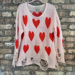 Wildfox Pink Heart Distressed Knit Sweater